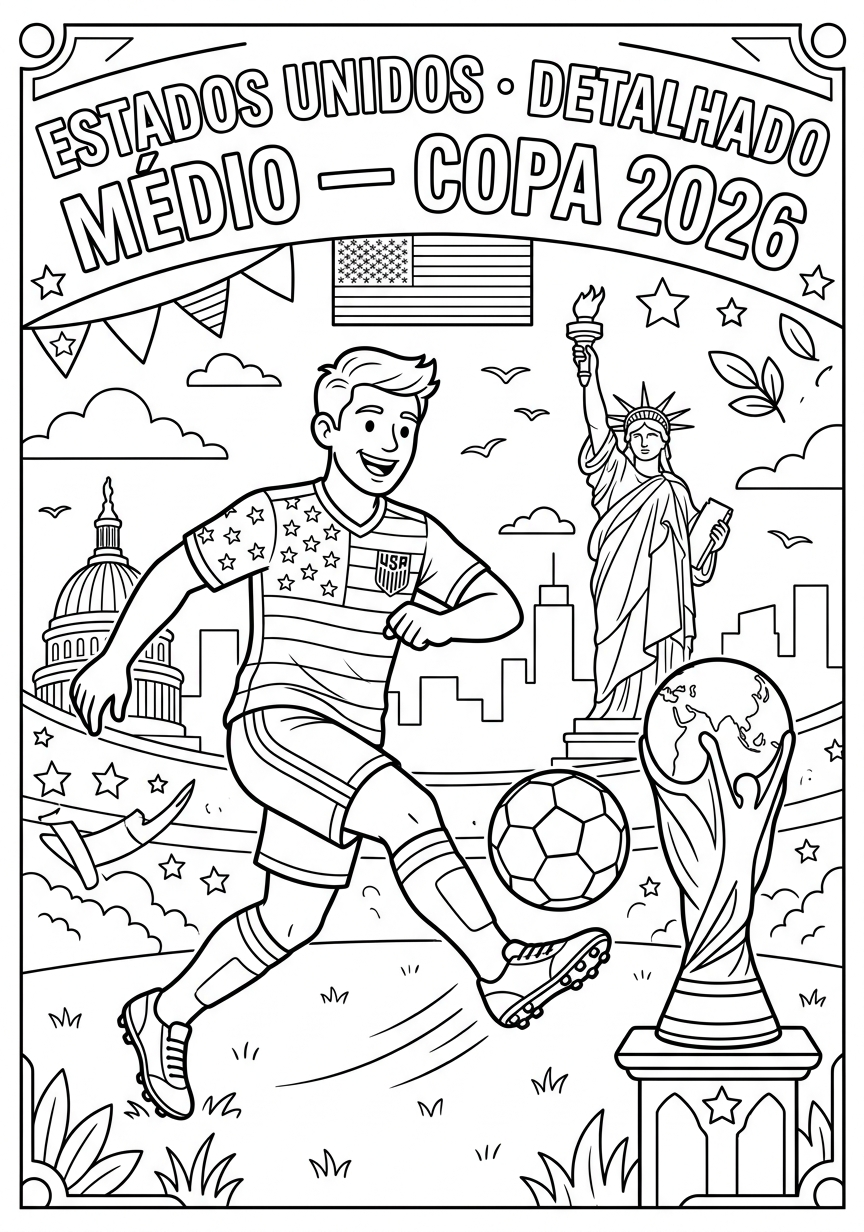 Capa do livro de colorir Estados Unidos · Detalhado Médio — Copa 2026