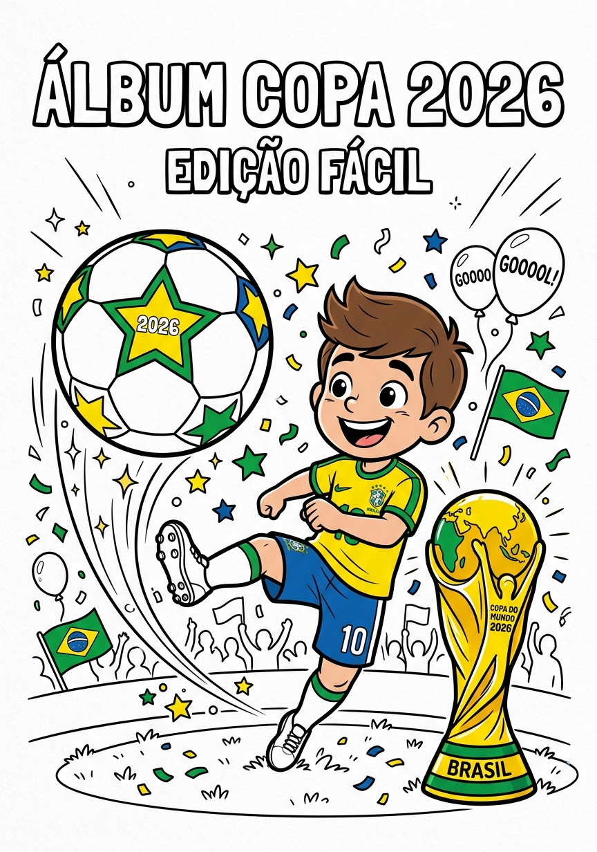 Capa do livro de colorir Álbum Copa 2026 — Edição Fácil