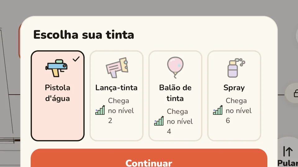 Tela do jogo: escolha da tinta, com opções novas que se abrem jogando