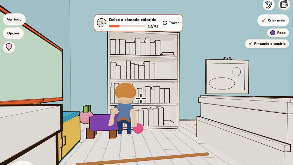 Cena do jogo: o personagem num cômodo, com a tela da TV já pintada ao lado de móveis coloridos
